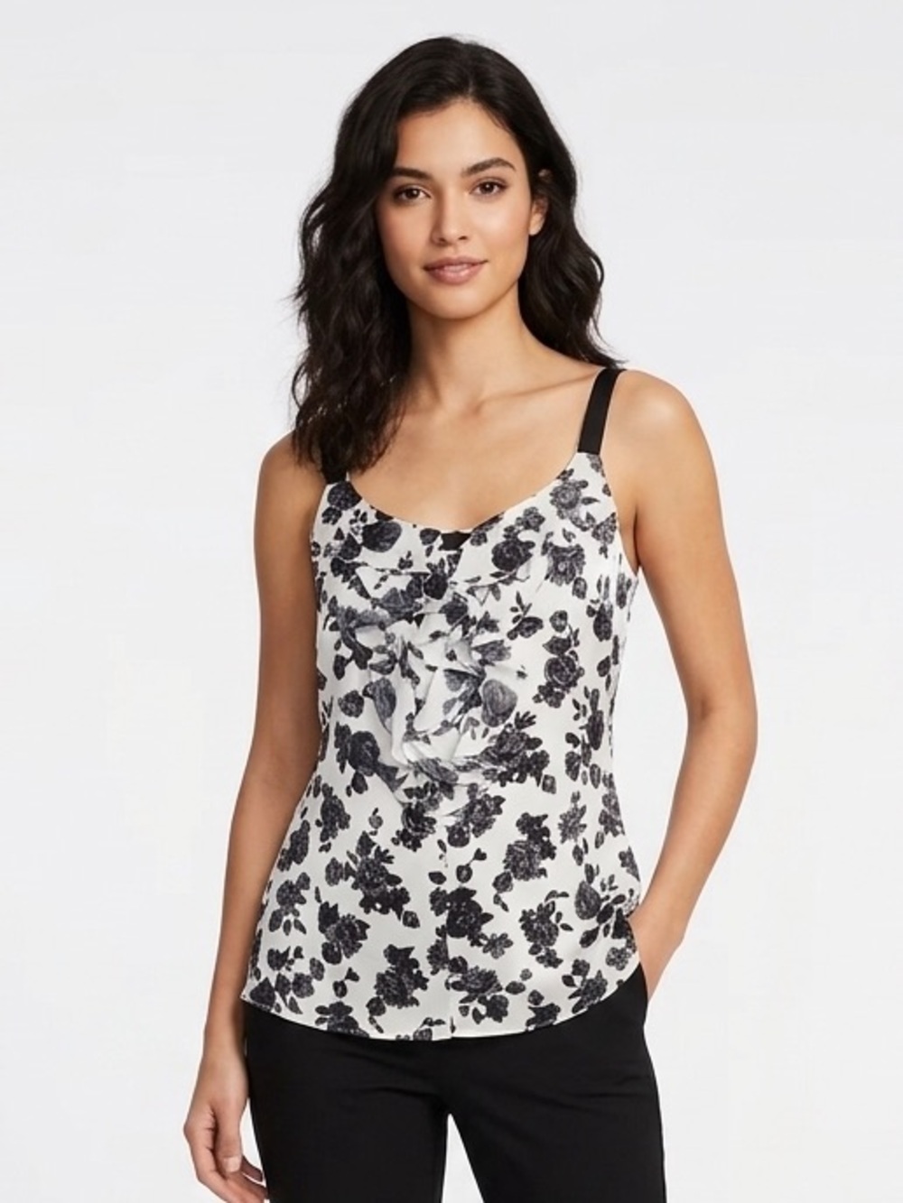 WHBM White Black Floral Silk Ruffled V Neck Tank Top XS $89 EUC
